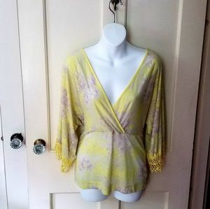 Language Yellow & mauve deep v blouse with detail